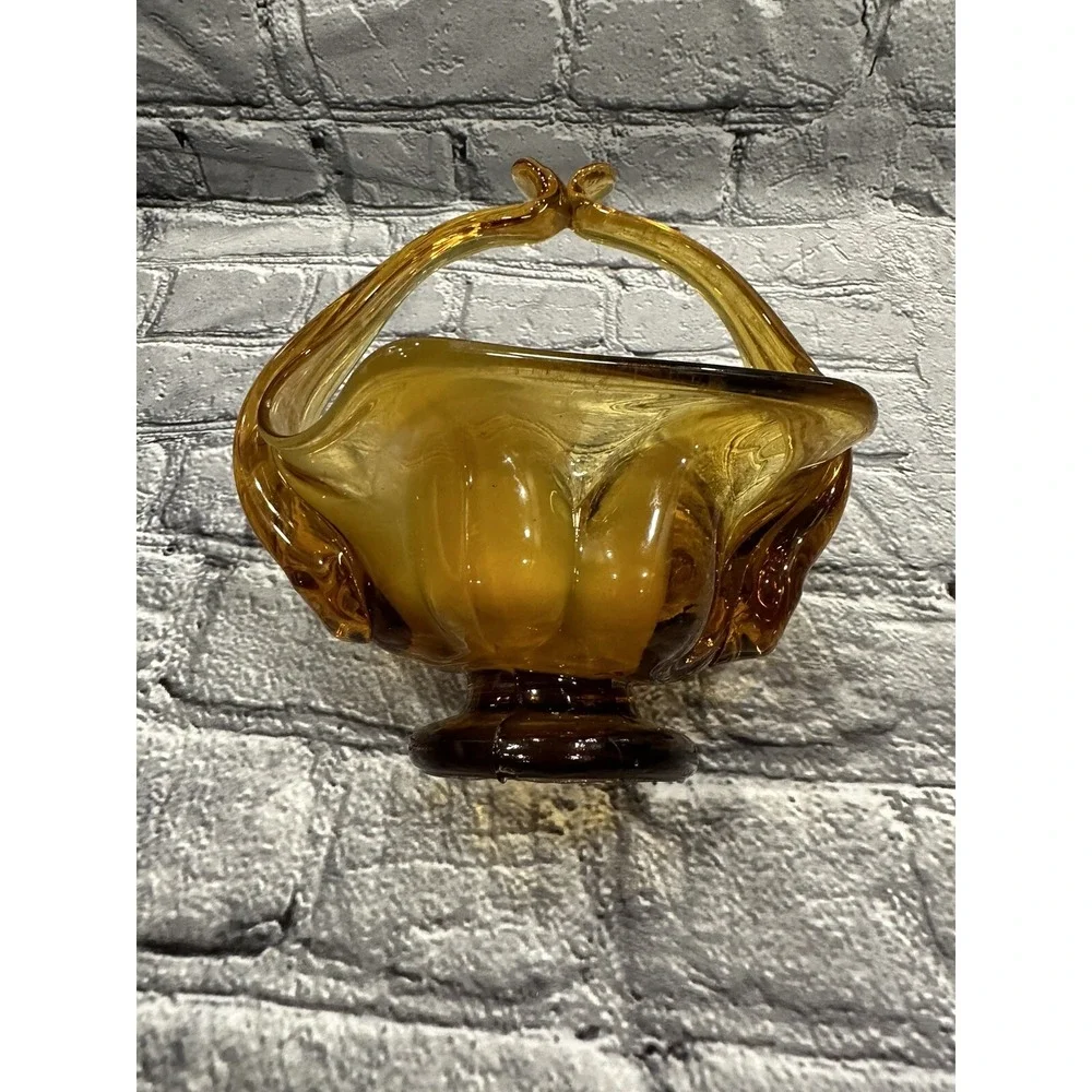 Vintage AMBER Free-Form ART GLASS W/White SHADE Handled Basket Candy Dish